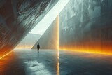 A single figure is dwarfed by the immense scale of a space, divided by a singular, glowing architectural line