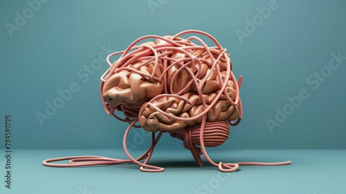 Digital illustration of a brain made of tangled wires, concept of mental overload
