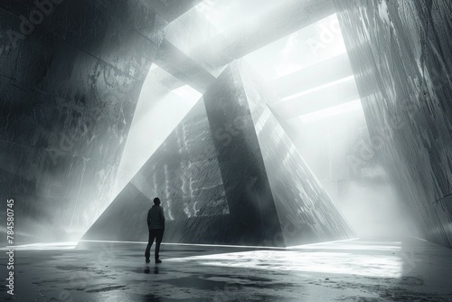 A lone person stands contemplating within a vast, abstract construction with beams of light piercing through © evannovostro