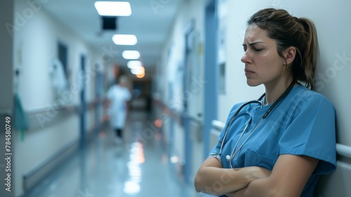 Exhausted nurse in a hospital corridor, moment of quiet amidst chaos