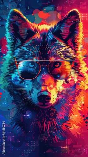 Vibrant Digital of a Futuristic Wolf Wearing Sunglasses Against a Glowing Technological Backdrop