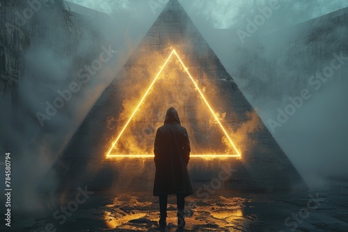 Amidst a foggy ambiance, a figure is fixated on a bright, glowing triangle, evoking mystery and discovery