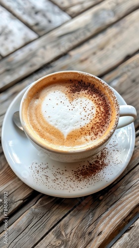 Frothy cappuccino with a perfect heart shape, wooden background, cozy morning