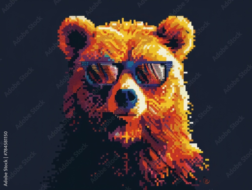 Vibrant Pixelated Bear in Sunglasses Digital Representing Data and Technology