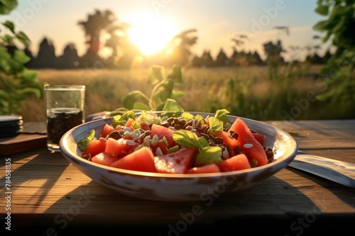 Fresh watermelon salad in bowl on wooden table outdoors