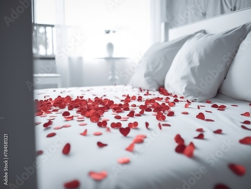 Red hearts on a white bed. Valentine's Day. Honeymoon. Generative AI.