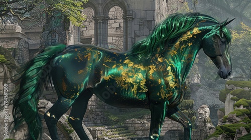 A majestic horse painted in hues of green and gold, standing gracefully in a natural setting. 