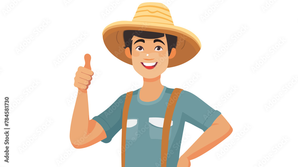 Young happy asian farmer in summer hat giving thumb up