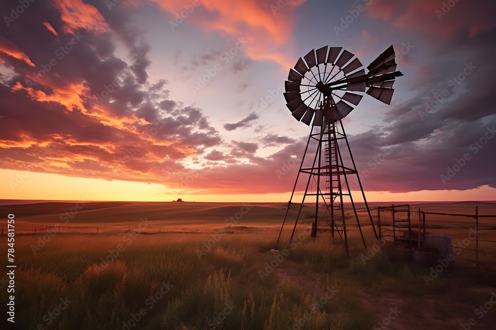 Windmill at sunset and cloudy sky