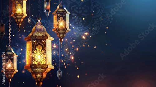Ramadan Kareem with golden crescent moon, golden lantern, islamic decorative elements template © ellisa_studio