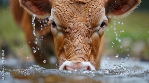 A brown cow drinks water from a puddle in its natural landscape