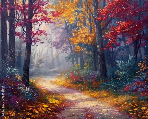 Magical forest path with multicolored autumn leaves
