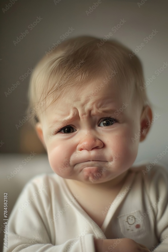 A baby's face crumpling into a frown, the onset of tears hinting at the immediate and unfiltered expression of discomfort or sadness. A baby's face crumpling into a frown, the onset of tears hinting at the immediate and unfiltered expression of discomfort or sadness.