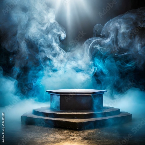 a product platform abstract stage texture fog and spotlight with an empty podium a backdrop of swirling black smoke