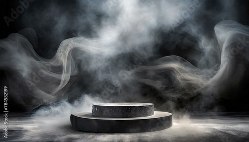 a product platform abstract stage texture fog and spotlight  with an empty podium a backdrop of swirling black smoke smoke from a smoke