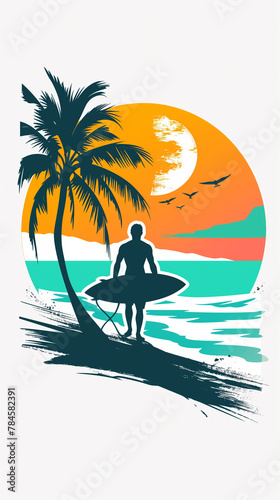 surfers Club logo in retro style. the image of a surfer and palm tree in sunset