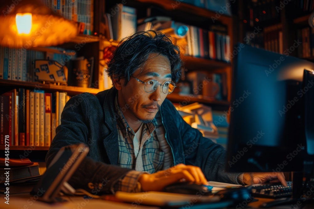 Fototapeta premium Middle-aged asian programmer using computer at home office, exploring blockchain coding and smart contracts, engaged in late night work session