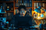 Asian male developer delves into blockchain coding late night in home office, crafting smart contracts on computer PC