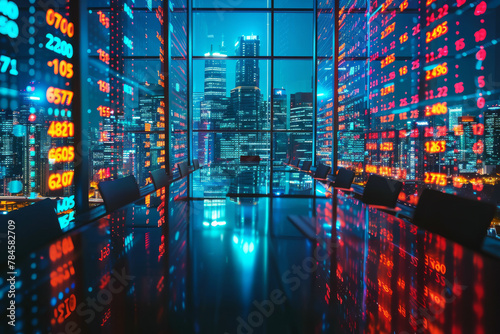 Financial data with currency exchange rates overlay modern business office. Background, wallpaper, backdrop photo