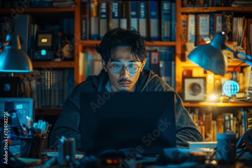 Asian male developer delves into blockchain coding late night in home office, crafting smart contracts on computer PC
