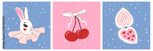 Cute vintage postcard with simple naive illustrations, bunny, powder, cherries with bow. Background with stars. Vector design.