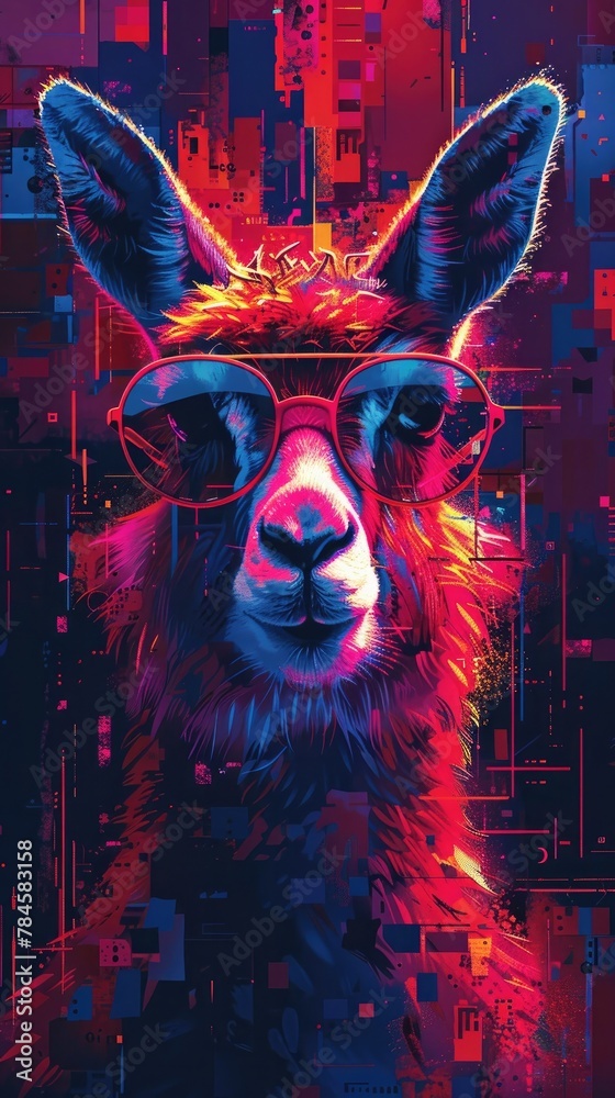 Vibrant Pixel Art Rabbit Wearing Sunglasses Against Futuristic Technology Background
