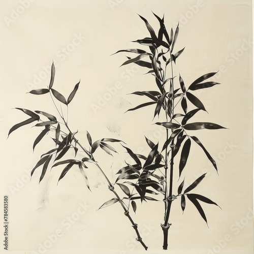 Bamboo_Branches_Black_and_White_Ink_Drawing,Hand-drawn black and white ink illustration of bamboo branches, leaves, and stalks in traditional Asian art style