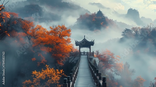 A foggy sky envelops the bridge to a gazebo in the middle of a mystical forest