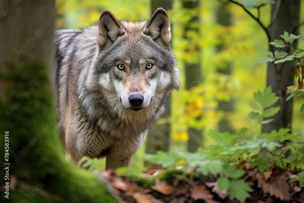 Portrait of a wolf in a dark forest. Wild animal in natural habitat.