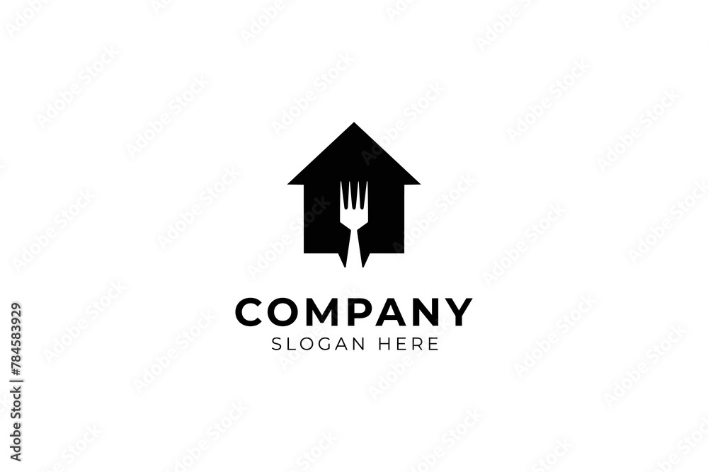 restaurant logo with fork and house shape icons in flat design style