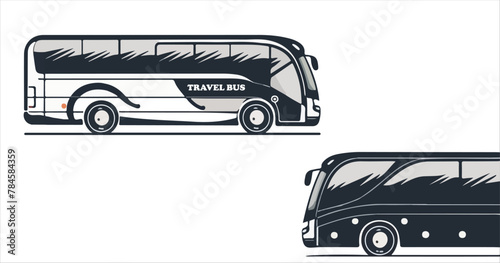 Travel bus icons, tour transport or public transportation service, vector emblems. Tourism or passenger travel trip bus icon for, city coach van station or airport express transfer or shuttle bus,