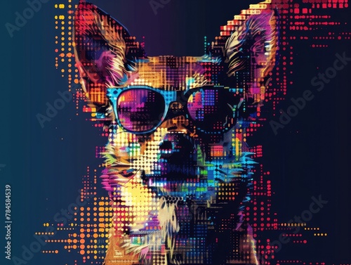 Vibrant Pixel Infused Canine Wearing Stylish Sunglasses Amidst a Futuristic Digital Landscape photo