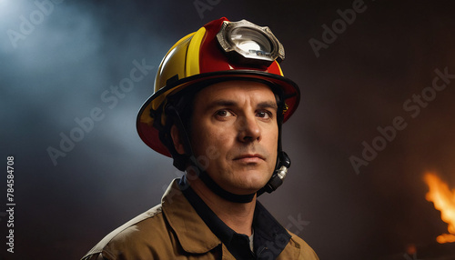 A firefighter  is wearing  a yellow helmet  and  a black jacket . He is standing in front of  a fire 