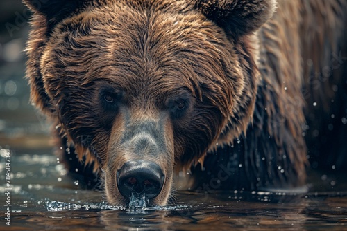 A massive brown bear is strolling through a river with water flowing around its legs