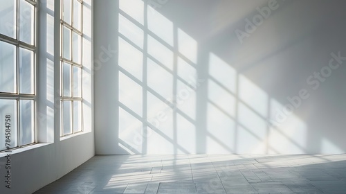 A bare window frame letting in a flood of natural light, casting geometric patterns on an otherwise empty floor, a celebration of light and space.