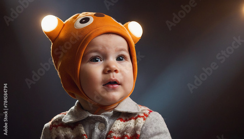 A baby  is wearing  an orange hat with ears and lights
