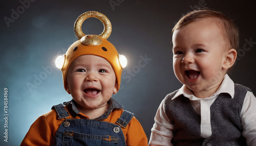 Two babies  are laughing and playing together. One baby is wearing  a yellow unique hat  and the other baby is laughing.