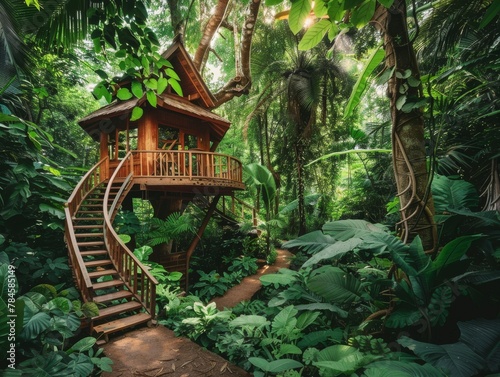 A jungle treehouse podium surrounded by lush foliage  for adventure and outdoor products