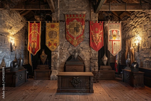 A medieval knights hall podium with armor and banners for fantasy and historical merchandise photo