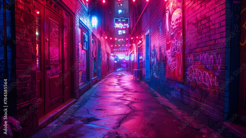 A neon-lit alley reveals a clandestine gallery of vibrant graffiti, hidden from daylight's gaze-1 A neon-lit alley reveals a clandestine gallery of vibrant graffiti, hidden from daylight's gaze-1