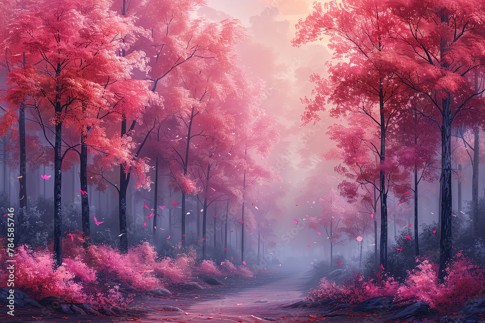 Oil Painting: Pink-Purple Tree Blossoms in Serene Scene