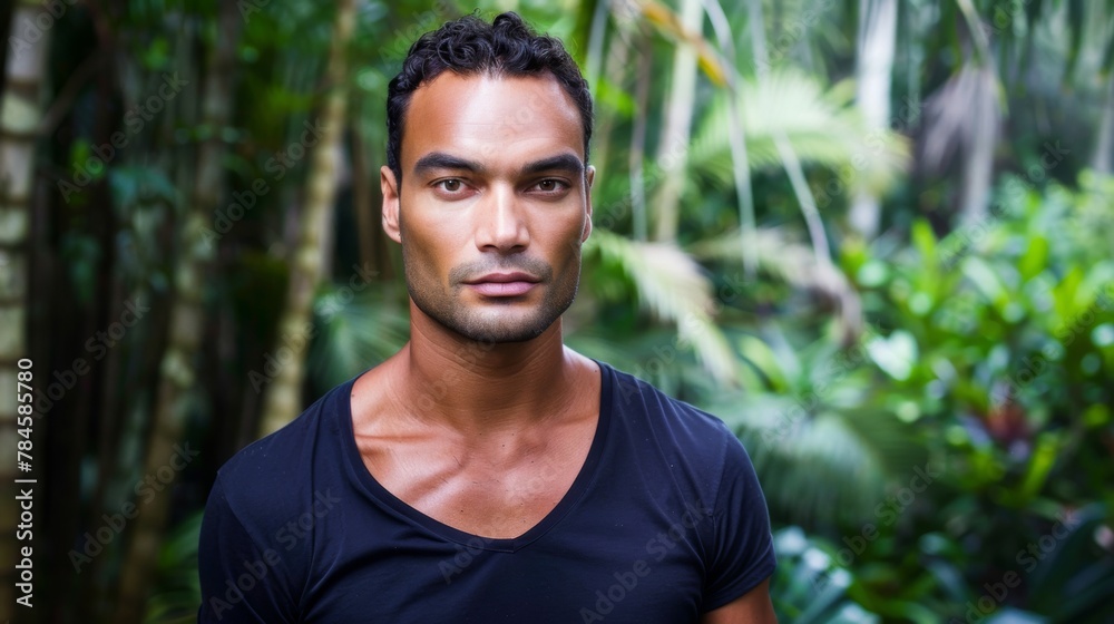 Confident Handsome Man Posing in Lush Green Forest Confident Handsome Man Posing in Lush Green Forest
