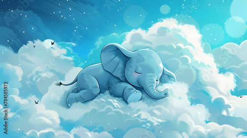 A cute little baby elephant sleeps on a cloud. Children's book illustration on a sky background, 