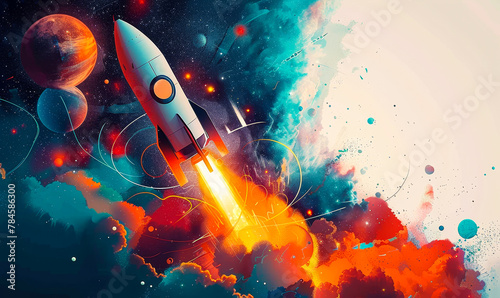 Futuristic Rocket Launch in Cosmic Galaxy - Accelerating Business Growth, Innovative Startup Success, Vibrant Artistic Illustration © Bartek