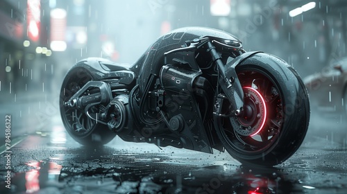 Futuristic motorcycle parked in rain on wet street © Валерія Ігнатенко