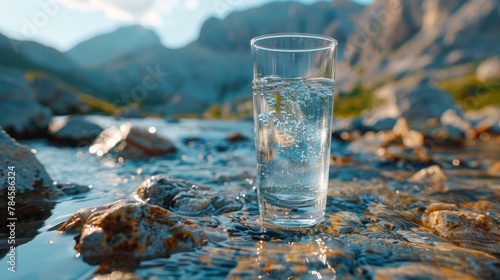 A transparent glass glass with drinking mountain water on the background of a mountain river . The concept of drinking mineral water