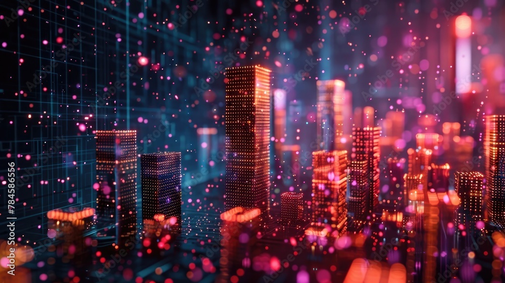 Futuristic Pixelized City Skyline of Illuminated Skyscrapers and Glowing Digital Metropolis