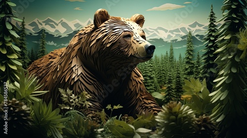 Minimalist paper-cut illustration of a bear in a dense forest, realistic textures, 3D effect,