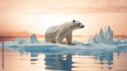 Minimalist paper-cut illustration of a polar bear on a tiny ice floe, global warming impact, super blurred background,