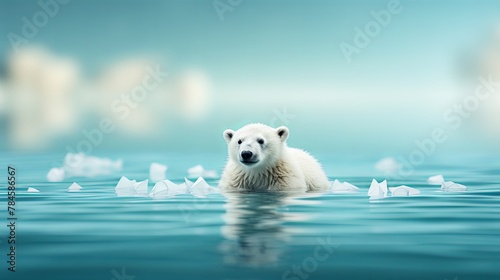 Minimalist paper-cut illustration of a polar bear on a tiny ice floe, global warming impact, super blurred background,